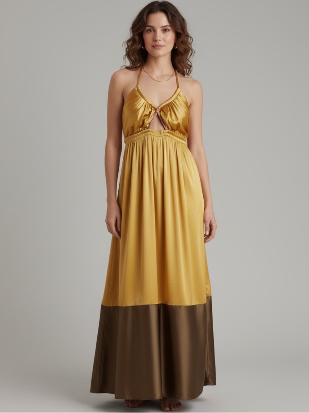 Anthropologie Silk Colorblock Halter Maxi Dress Gold Pink Size 0 NWT